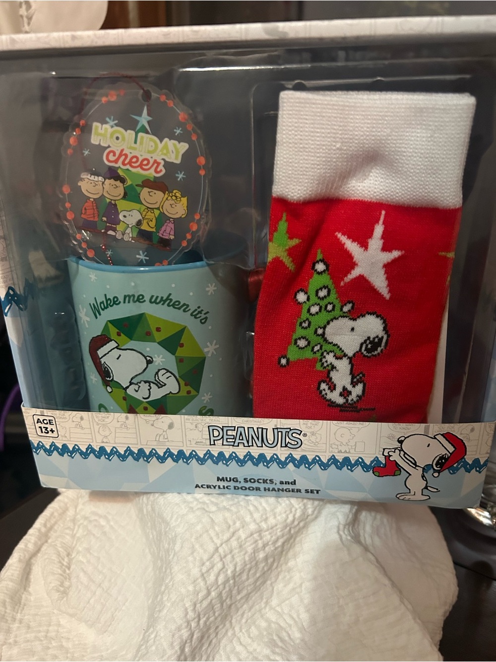 Peanuts Red, White & Light Blue Holiday Sock, Decoration and Mug Gift Set